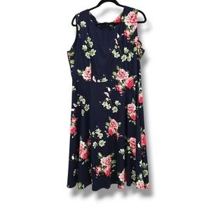 AYLI Size 4XL Navy‎ Blue Floral Print Sleeveless Midi Fit And Flare Dress